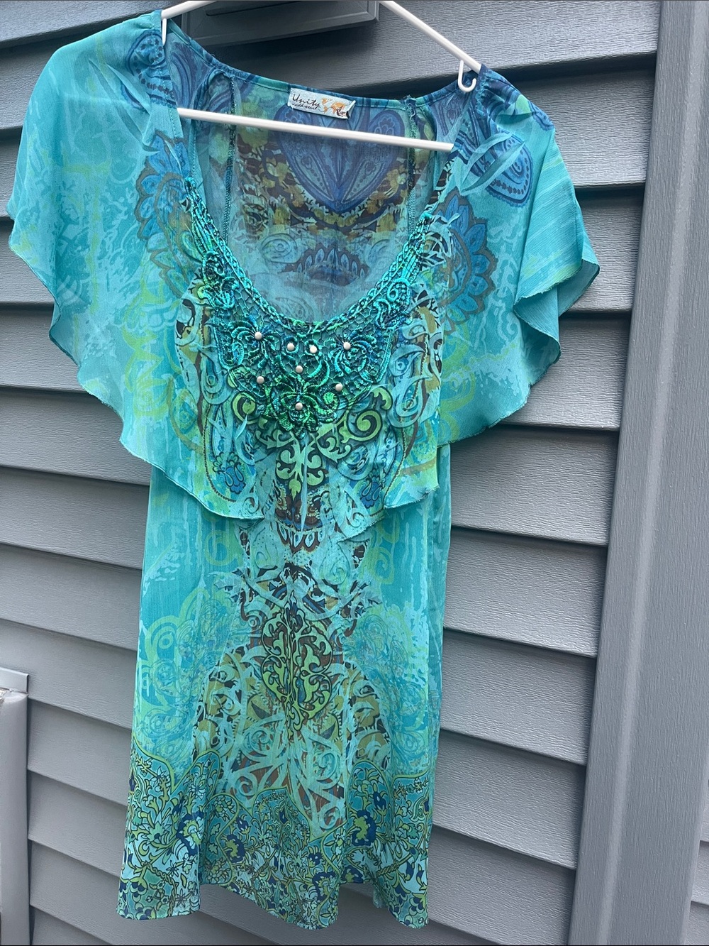 Unity World Wear Turquoise Beaded Flutter-Sleeve Tunic